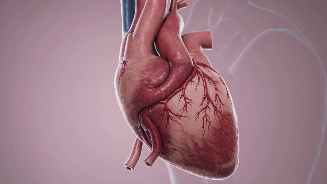 Modello 3D di cuore umano con vene dettagliate, ripreso da un'angolazione laterale.