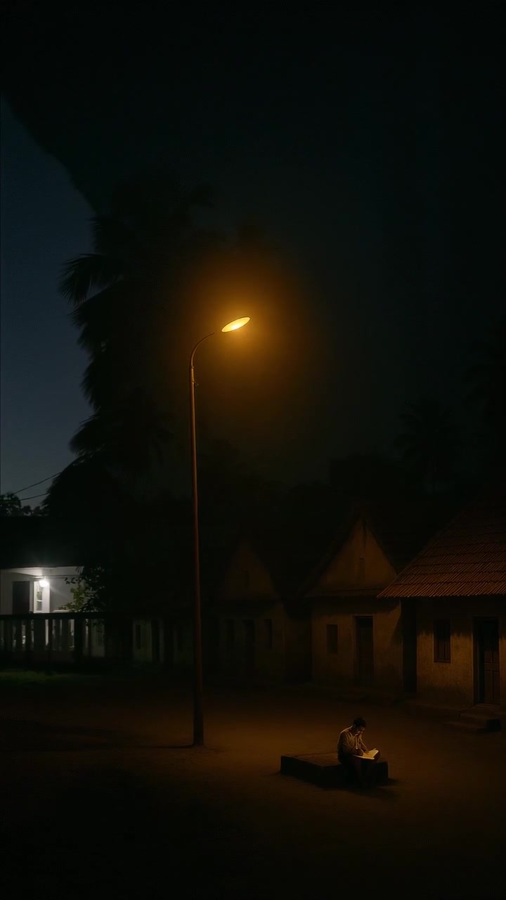 Man sitting on a bench, engrossed in a book under the warm glow of a streetlight, surrounded by the peaceful darkness of night and charming old houses, enjoying solitude and contemplation