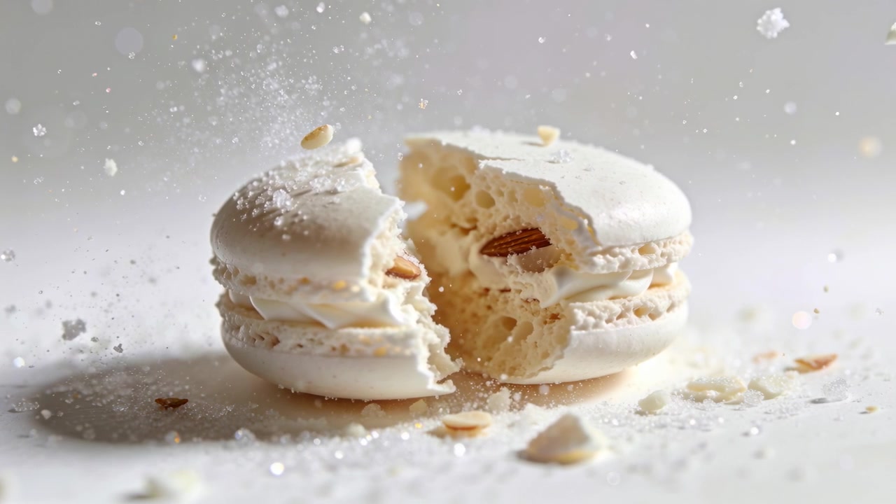 Macaron bianco che si rompe e si apre su un tavolo bianco, rilasciando frammenti di guscio di mandorla e zucchero a velo.