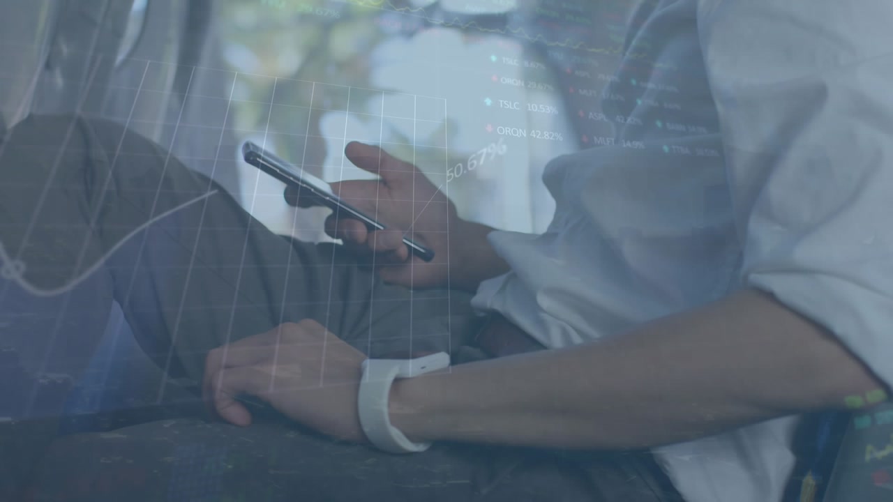 Person Using Smartphone and Smartwatch with Digital Financial Data Overlay