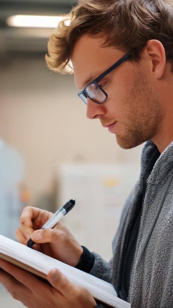 Hombre concentrado tomando notas en un cuaderno con un bolígrafo, absorto y concentrado en un espacio de trabajo moderno, captando la esencia de la productividad y el aprendizaje.