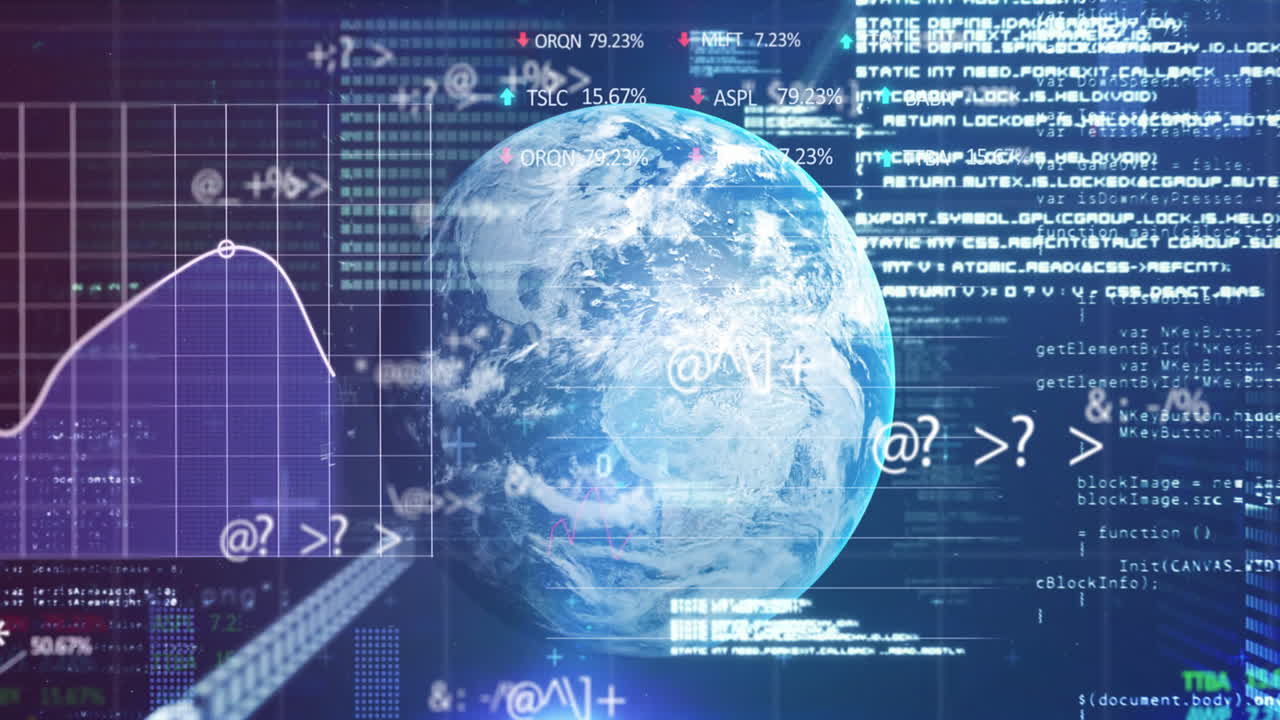 Animation of financial data processing over globe on dark background