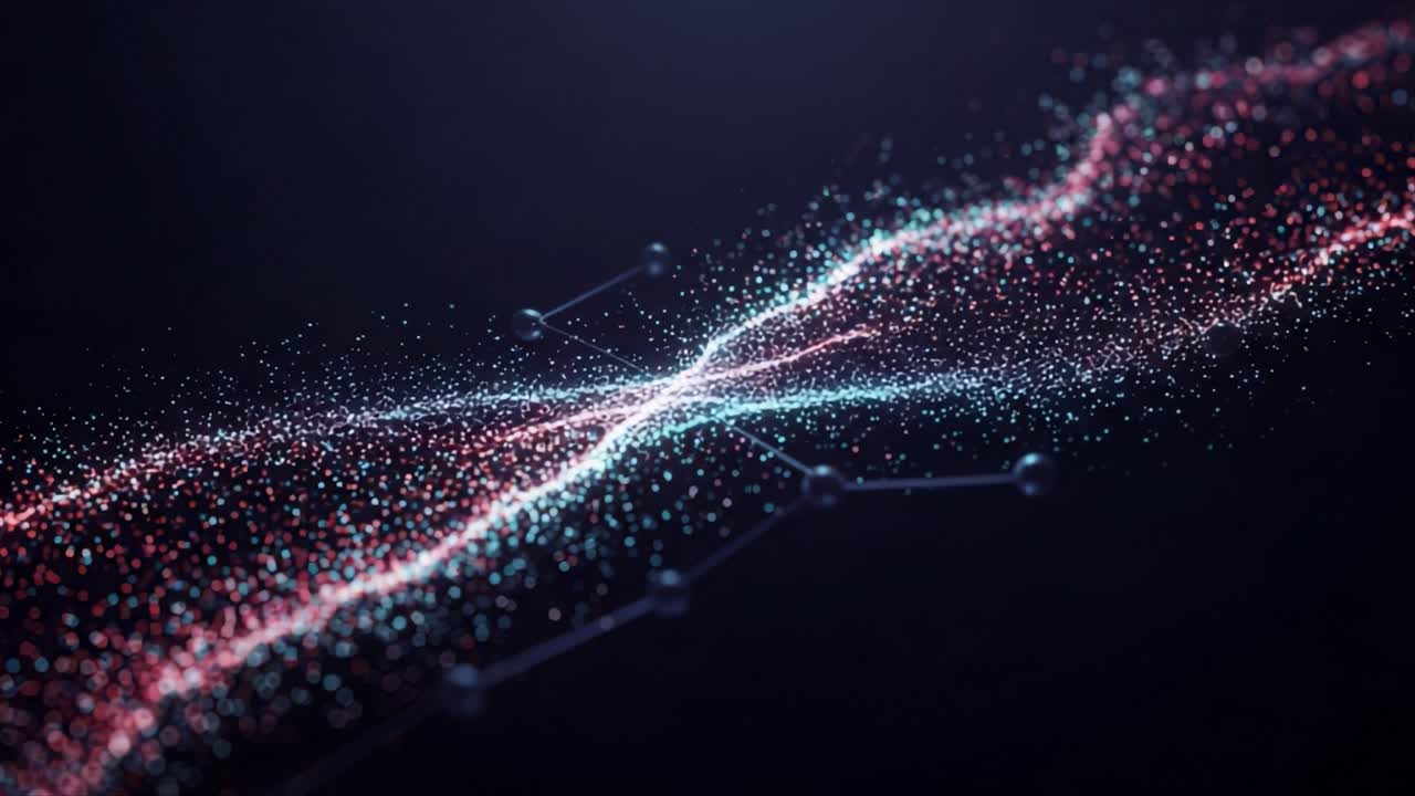 Vibrant Flow of Particles in Motion: A Captivating Visualization of Dynamic Energy and Interconnectedness Represented Through Colorful Points in a Dark Environment