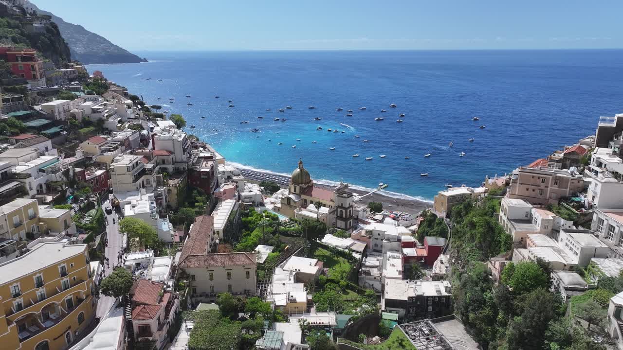 Amalfi Coast At Positano In Salerno Italy. Beach Landscape. Tourism Landmark. Amalfi Coast At Positano In Salerno Italy. Gulf Of Salerno Skyline. Coastal Cityscape. Mediterranean Sea
