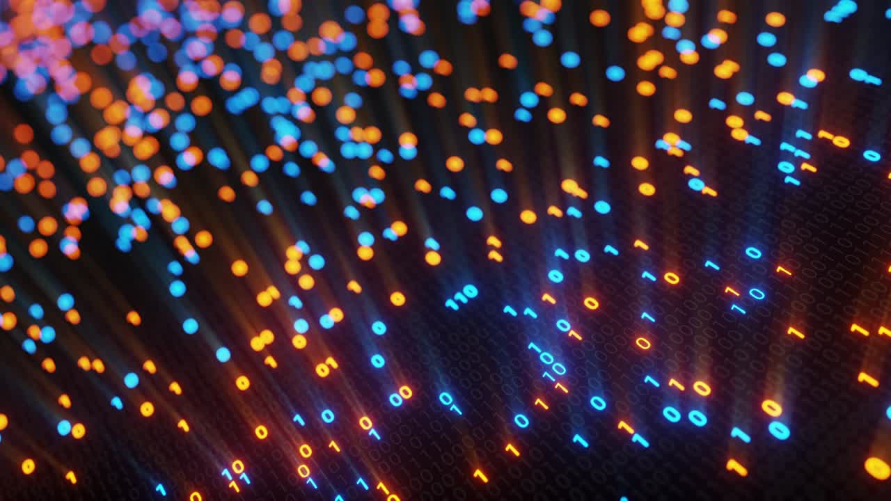 Abstract seamless blue and orange digital binary code matrix background VJ loop with flare.