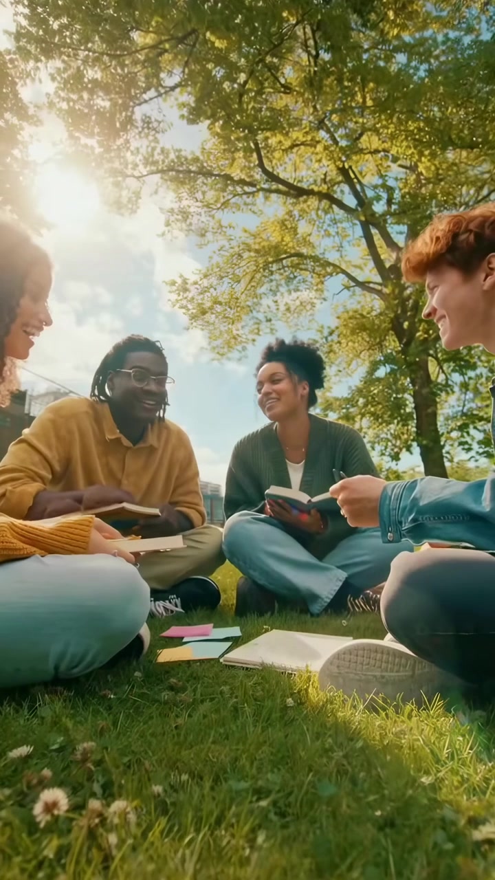 Diverse Group of Students Studying Together on University Campus Lawn