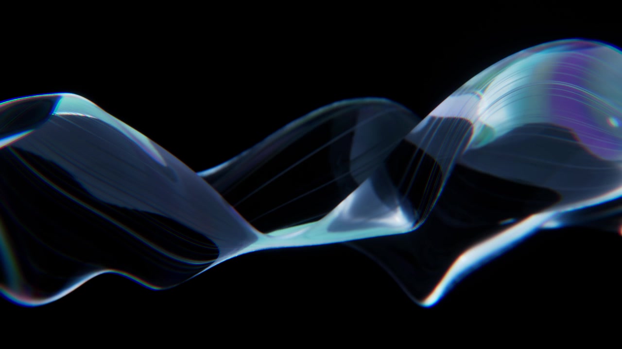 Abstract Glossy Glass Wave with Blue Iridescent Highlights on Black