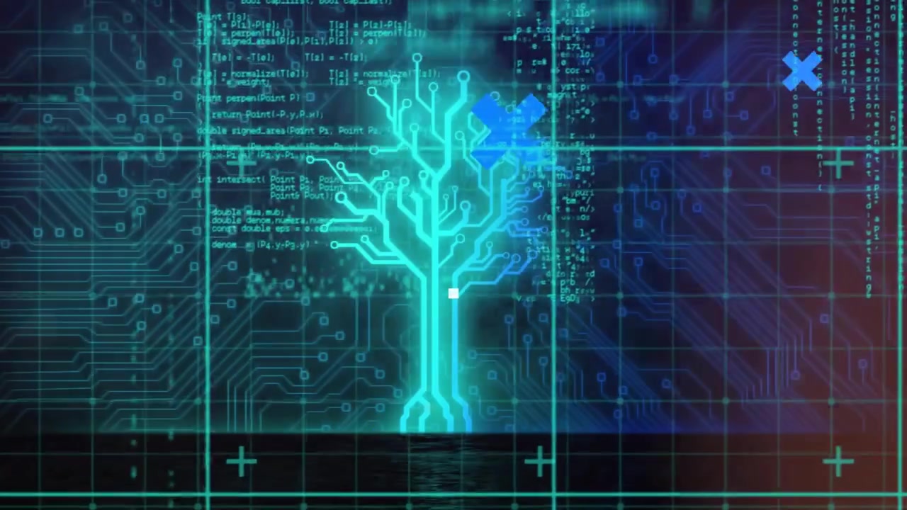 Starting grid with cyan code, green icons connecting network, pink lattice revealing pulsing tree