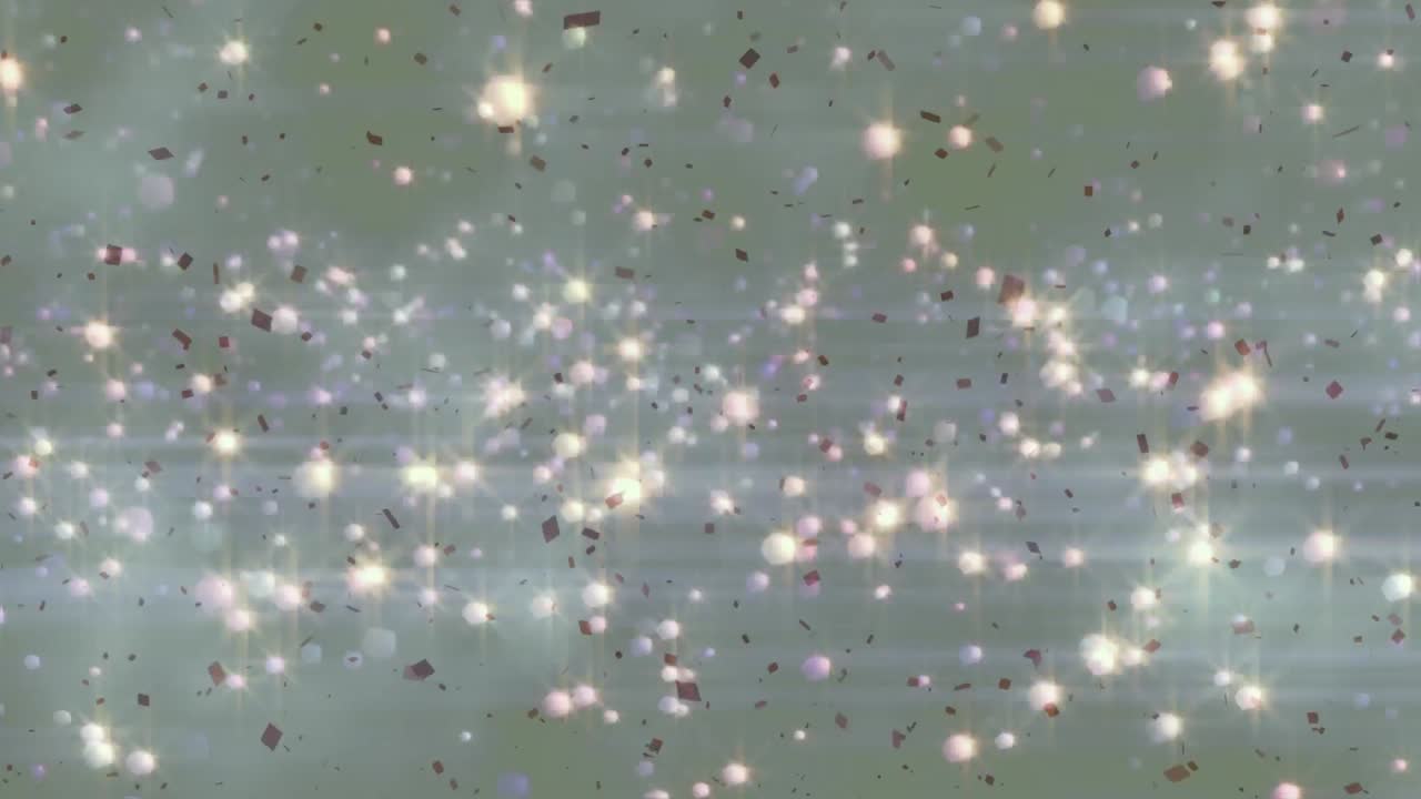 빛나는 크리스마스 불빛이 연기와 떨어지는 콘페티 위로 올라가는 애니메이션