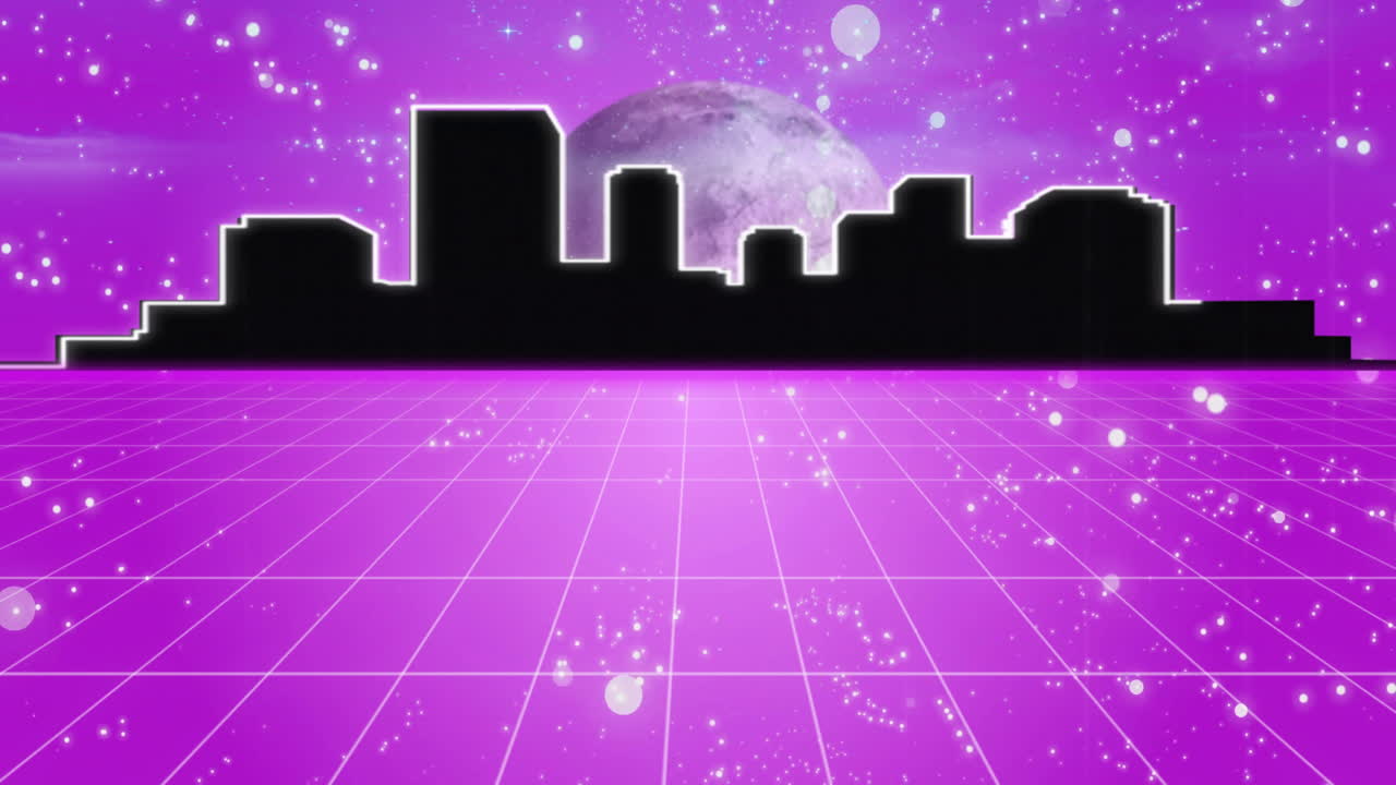City skyline silhouette over purple grid with moon and stars animation