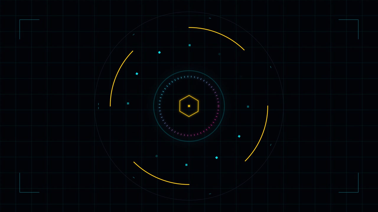 Futuristic Digital HUD Interface with Rotating Hexagon and Circular Elements