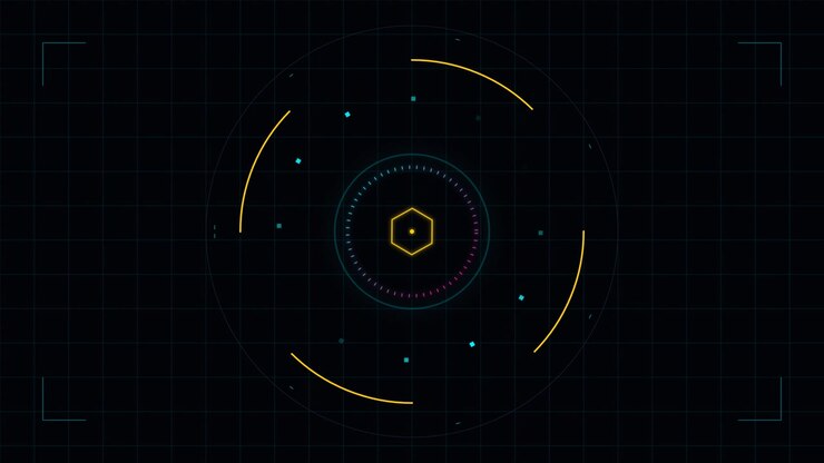 Futuristic Digital HUD Interface with Rotating Hexagon and Circular Elements