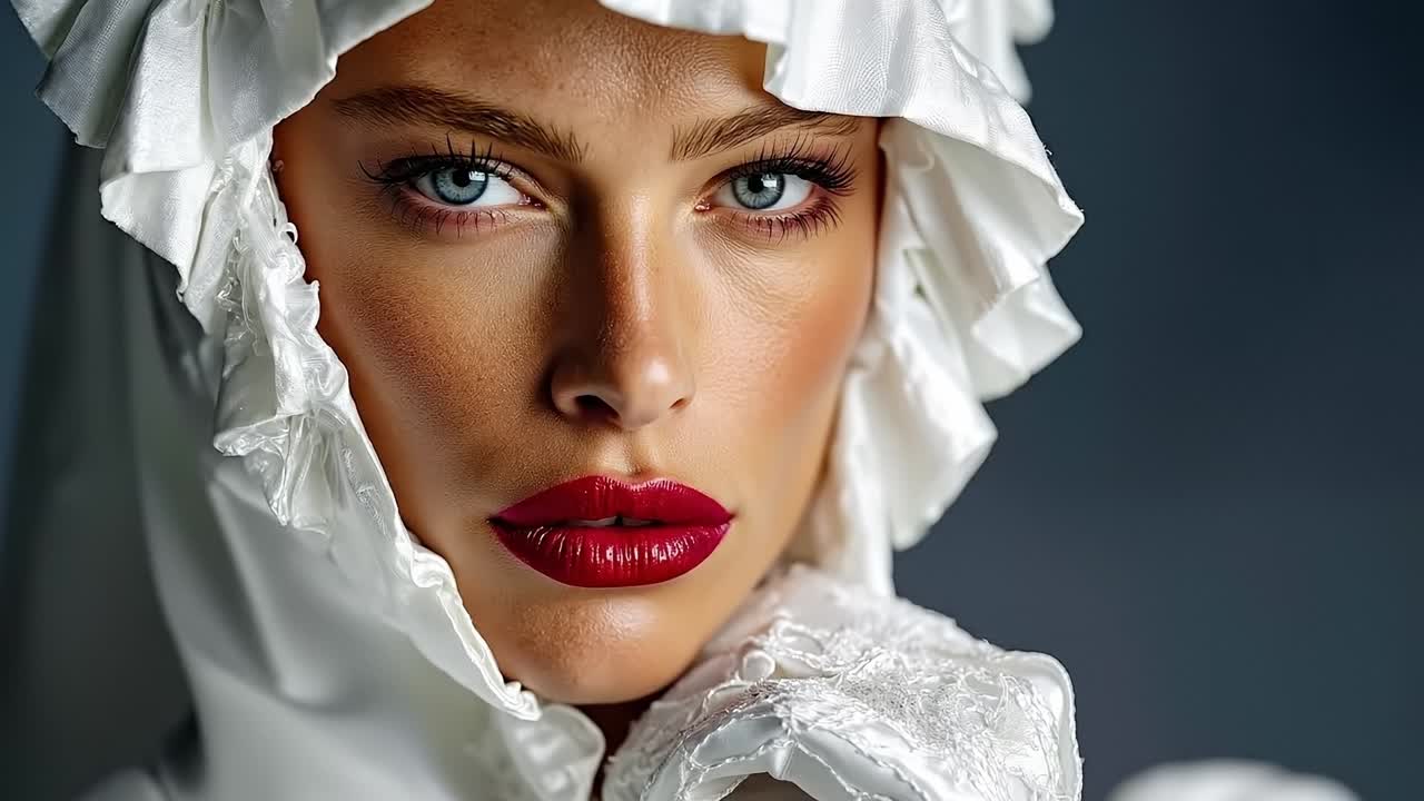 A woman wearing a white bonnet and red lipstick