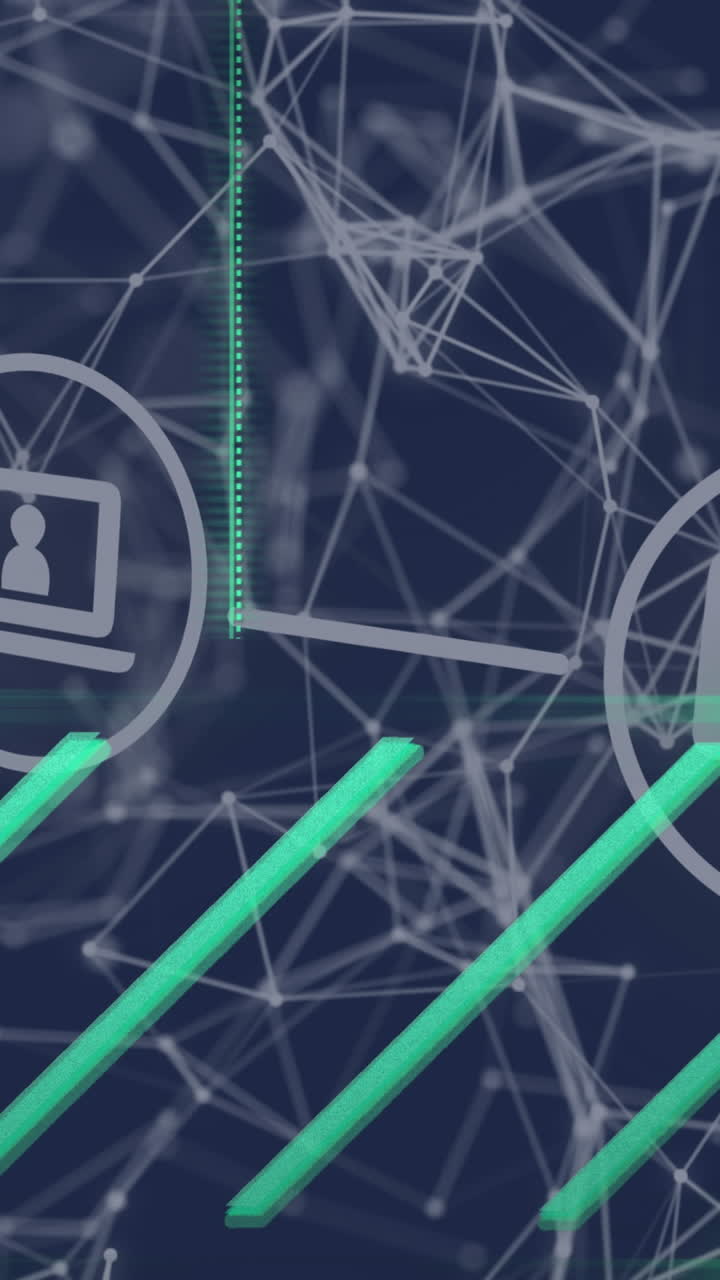 animación de la red de conexiones y iconos de medios en fondo azul