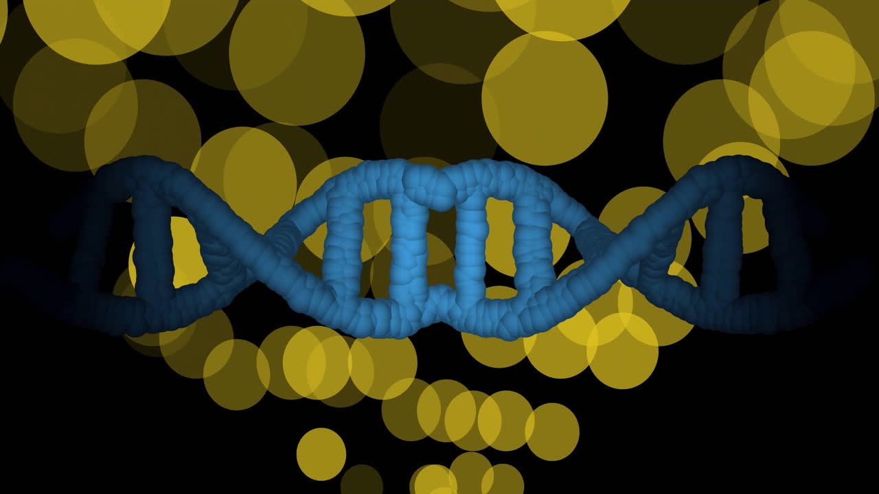 어두운 배경에 반이는 반점 위에 회전하는 dna 가닥의 애니메이션