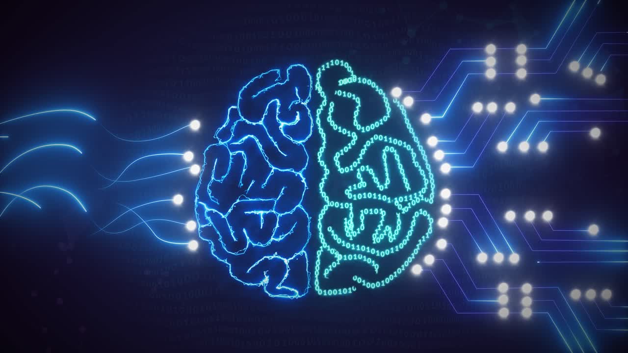 Conceptual AI Brain with Binary Code and Neural Network Connections