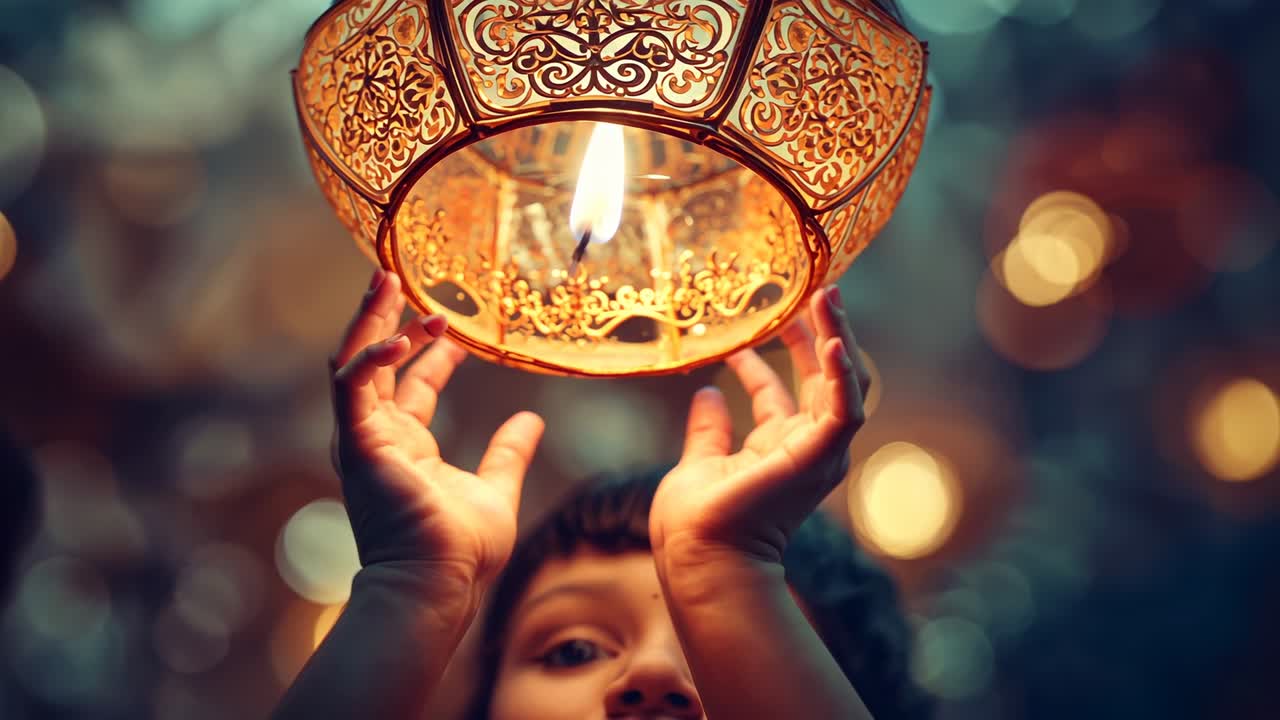 Reaching child with hands approaching ornate lantern at warm interior, steadying candle flame