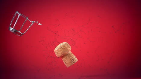 network of connections floating over champagne cork and opener falling against red background