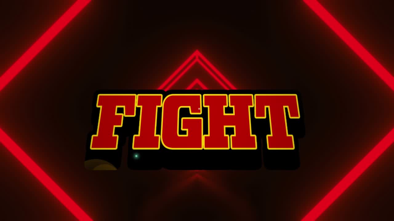 Animazione di testo 'fight' su forme al neon, su sfondo nero