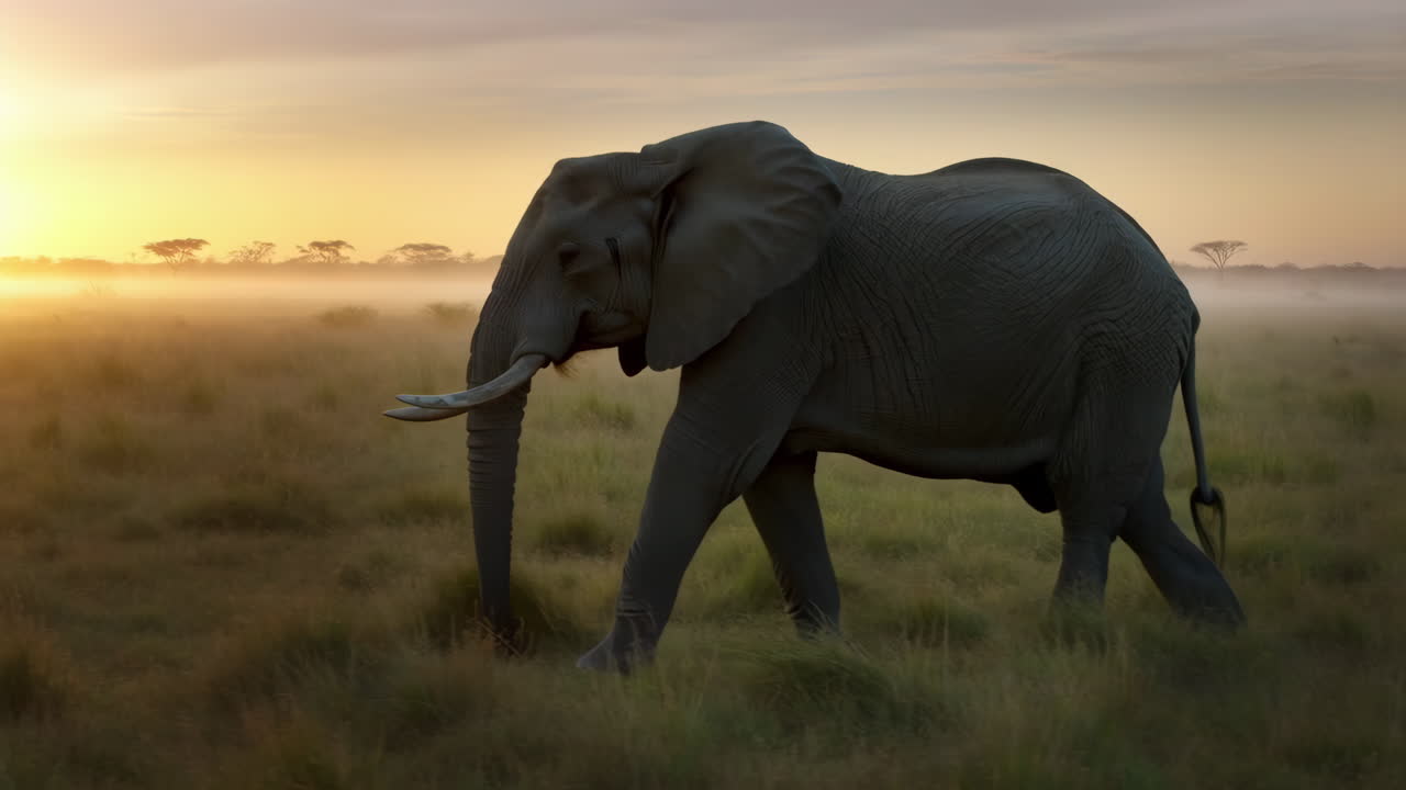 Elefant går i en tåget savanne ved solopgang