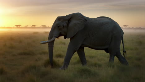 elephant walking in a misty savanna at sunrise