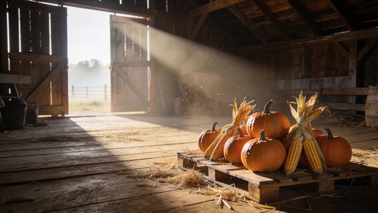 Pumpkins and Corn on a Wooden Pallet in a Rustic Barn