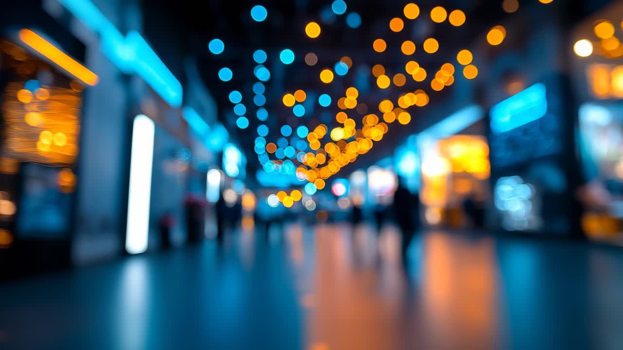 Evening walk in a lively shop area. Colorful lights illuminate a bustling shopping district as people move joyfully during the evening hours.
