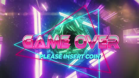 Animation-of-game-over-text-banner-over-neon-green-and-pink-glowing-tunnel-in-seamless-pattern