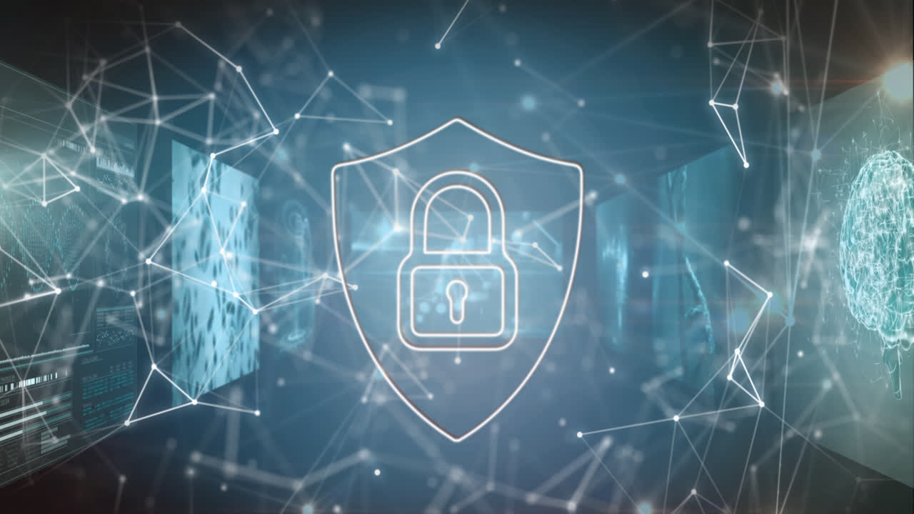 animación de la red de conexiones con icono de candado y procesamiento de datos