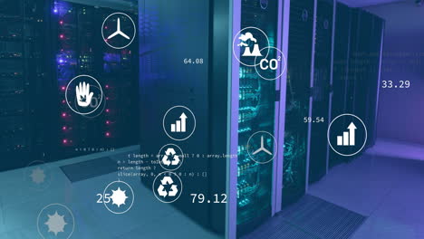 animation of eco icons and data processing over computer servers