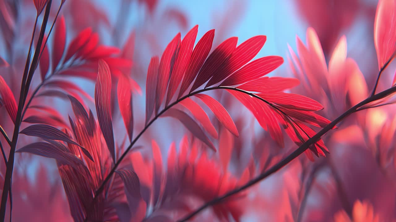 Un primo piano affascinante di foglie vivaci rosse e rosa che catturano luce e ombra in un ambiente naturale mozzafiato