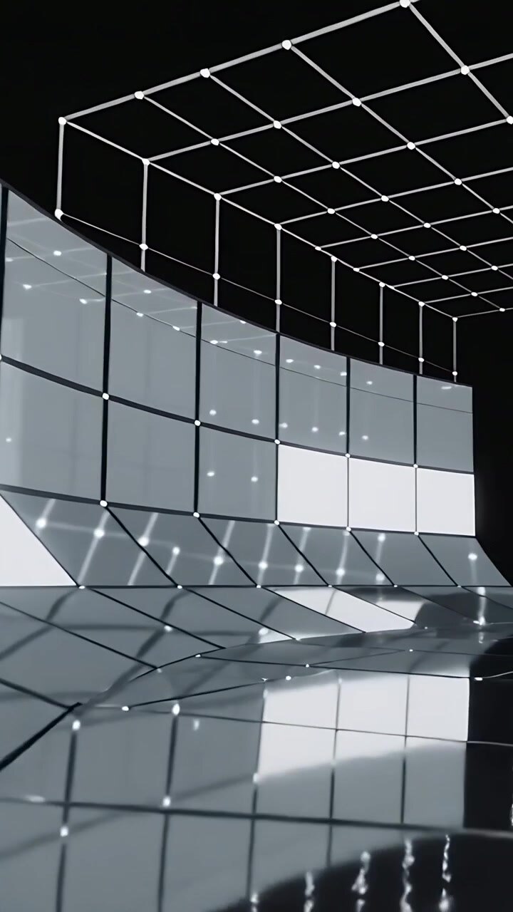 Video verticale: Telecamera in movimento che rivela una parete di piastrelle curva sul set, nodi luminosi a pavimento che pulsano, cubo che si forma.