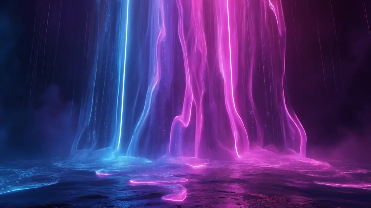 Cascata astratta di luce neon blu e rosa brillante