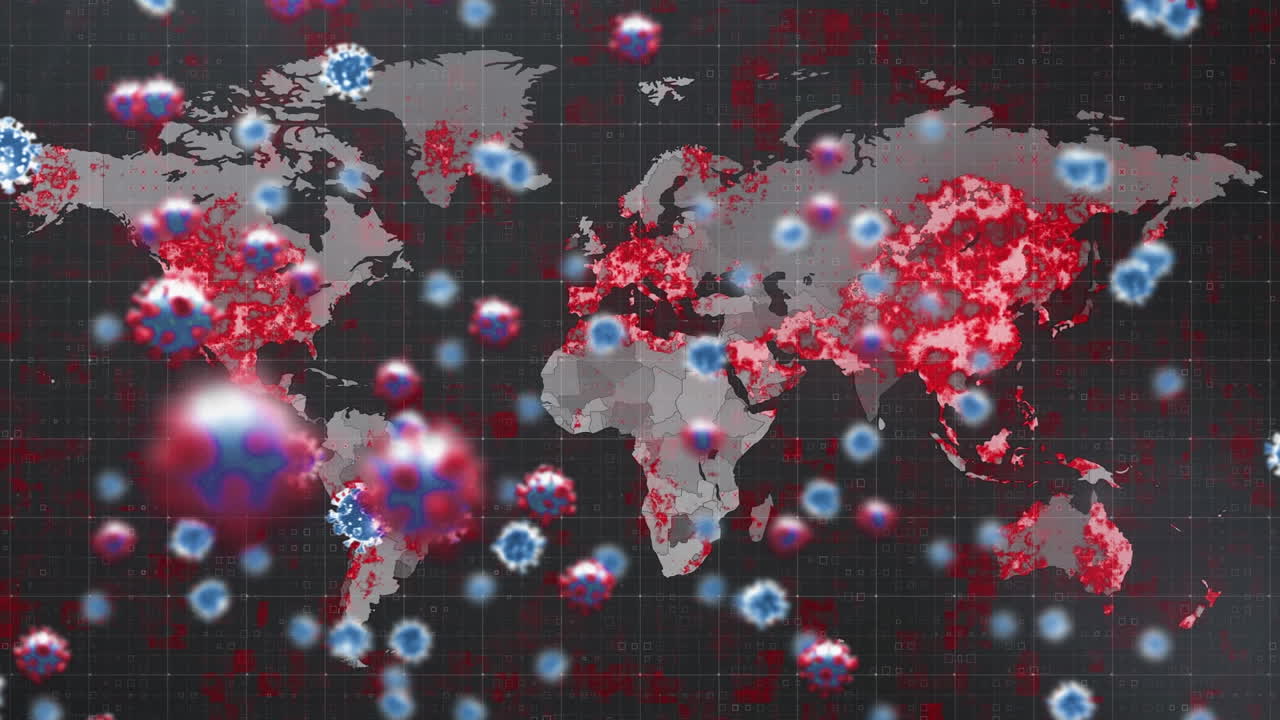 animación de células de virus que giran sobre el mapa del mundo en llamas