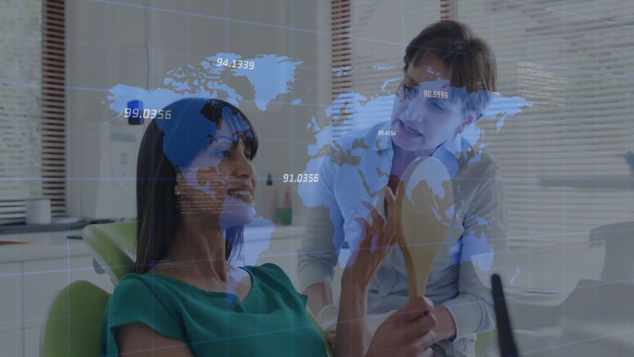 Dentist assisting patient with world map and data overlay animation