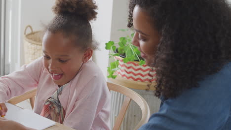 mother helping daughter with home schooling sitting at table
