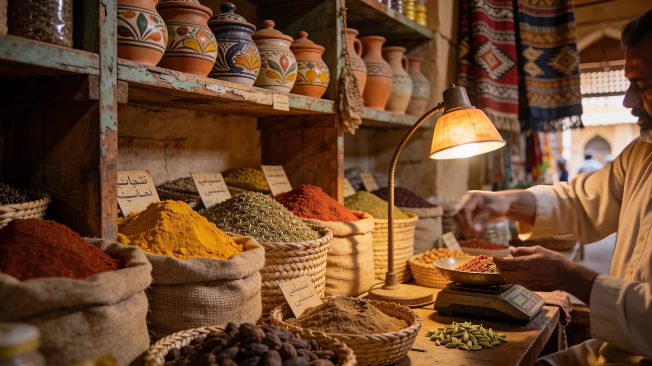 Scooping spice vendor in robe, fulfilling customer request, weighing on scale at stall, copy space