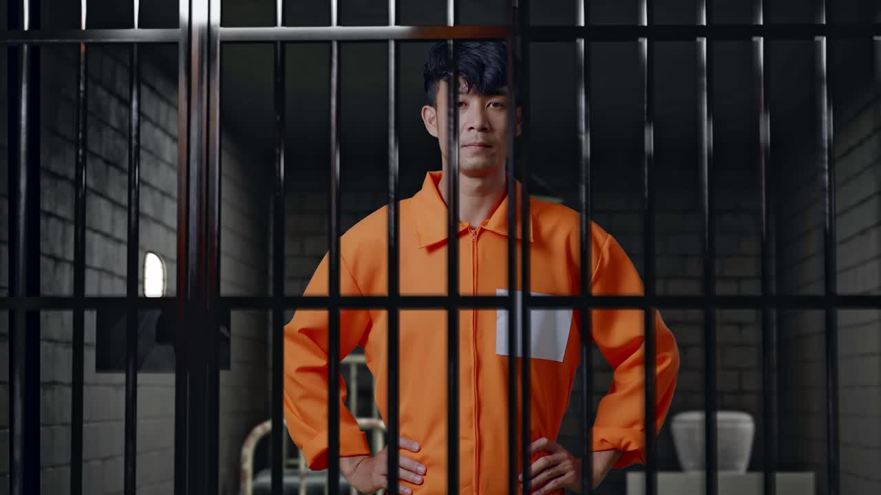 prisionero masculino asiático de pie con los brazos akimbo en la prisión, levantando la cabeza y mirando a la cámara