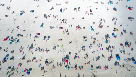 Vista-Aérea-De-Arriba-Hacia-Abajo-De-Los-Bañistas-Disfrutando-De-Un-Día-Soleado-En-La-Playa