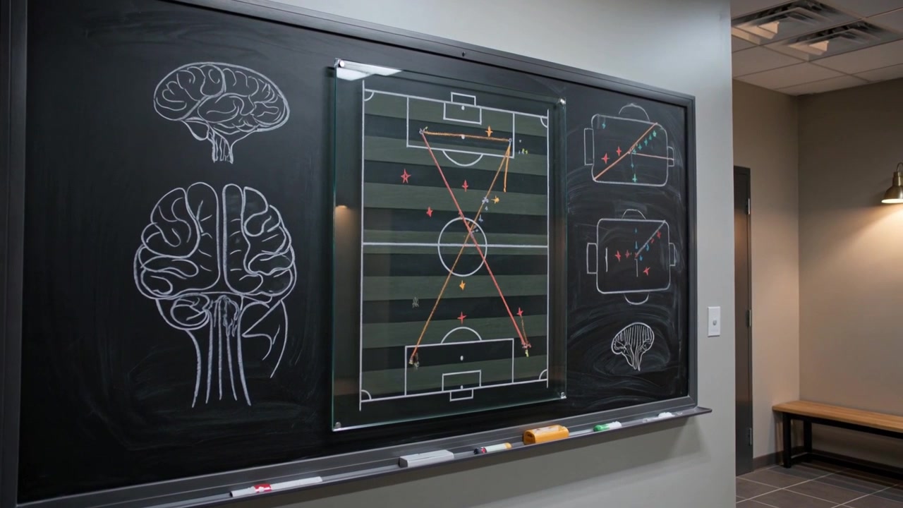 Marking red marker starting tactics on pitch chalkboard in team room, brain sketches outlining play