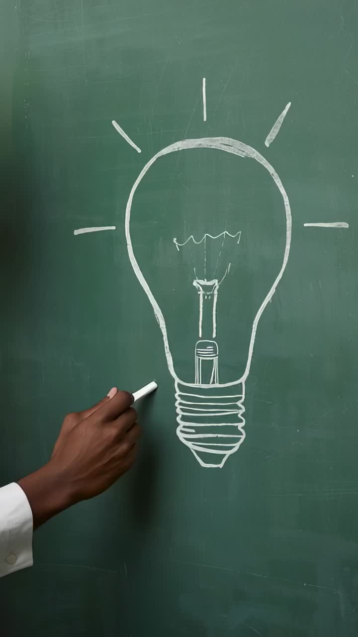 Vertical video: Hand entering frame sketching lightbulb filament and rays on chalkboard with chalk