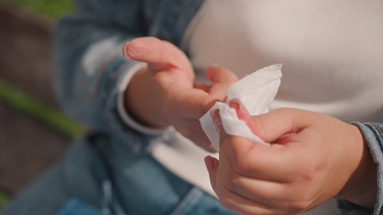 White woman cleaning glitter nails with tissue in sunlight tight closeup shows denim sleeve, detailed polish removal and careful finger motions, tactile ritual conveys relief and neat hygiene on park