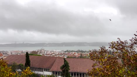 stormy serenity: tejo river, lisbon’s cloudy, rainy day with blustery winds and atmospheric views