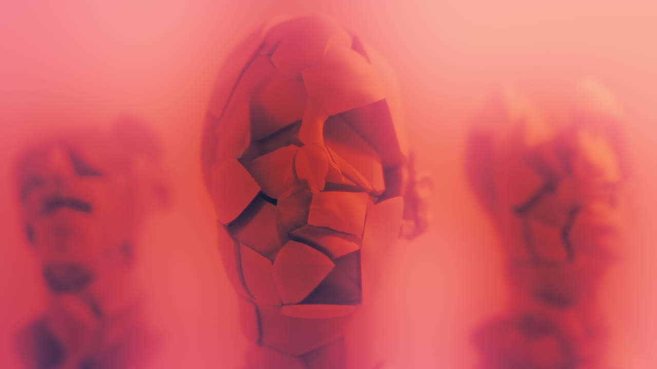 Destroyed android heads on spikes on the neon pink background