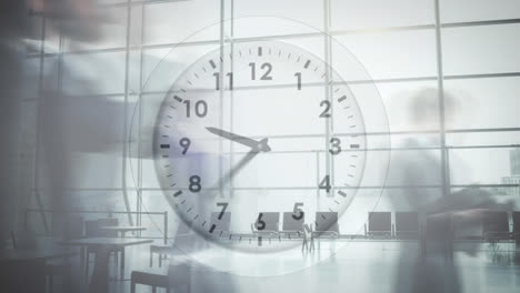 animation of clock over time-lapse of people walking against glass window in office