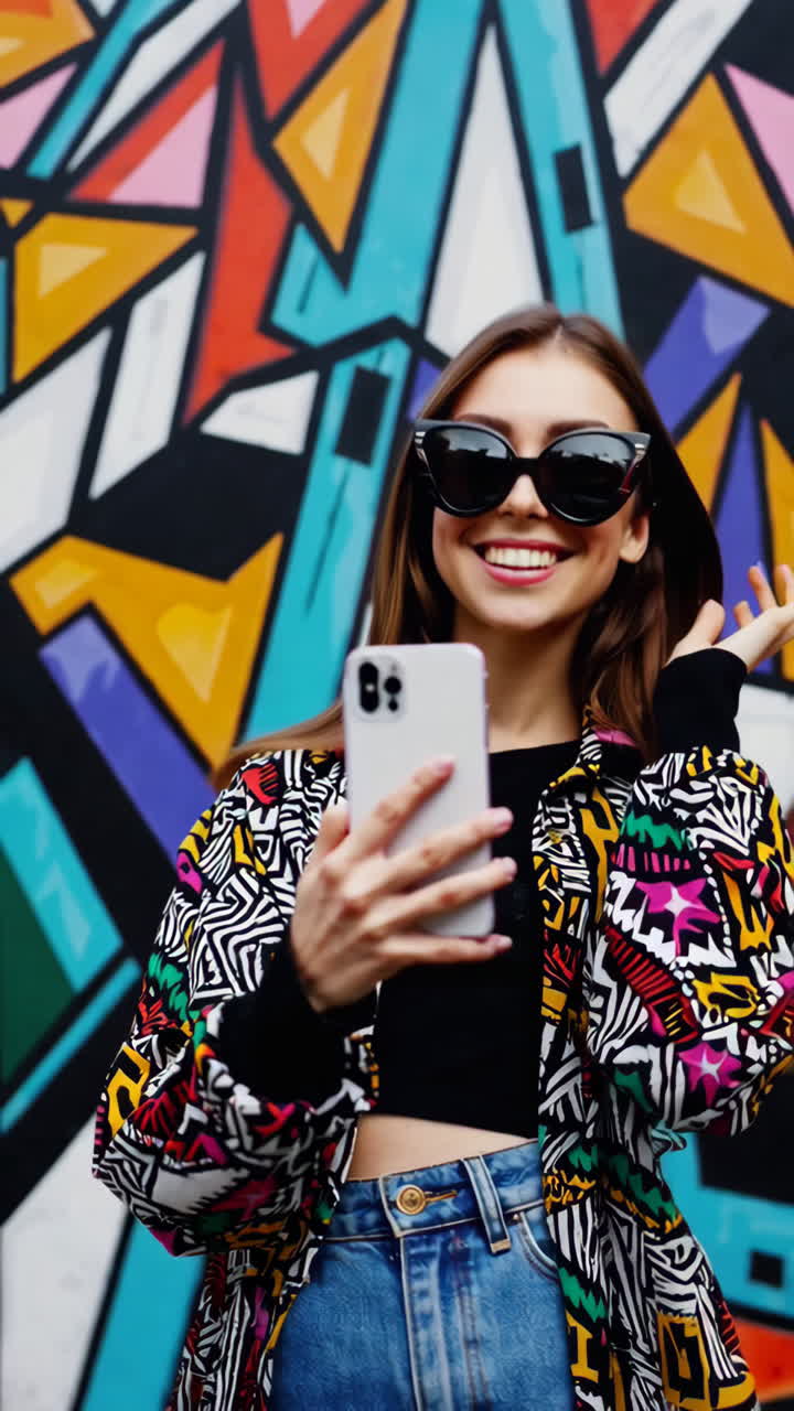 A young woman taking a selfie in front of a vibrant graffiti wall