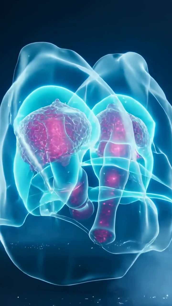Vertical video: Cam panning, dual model turning, showing pink core nodes in med 3D field for study
