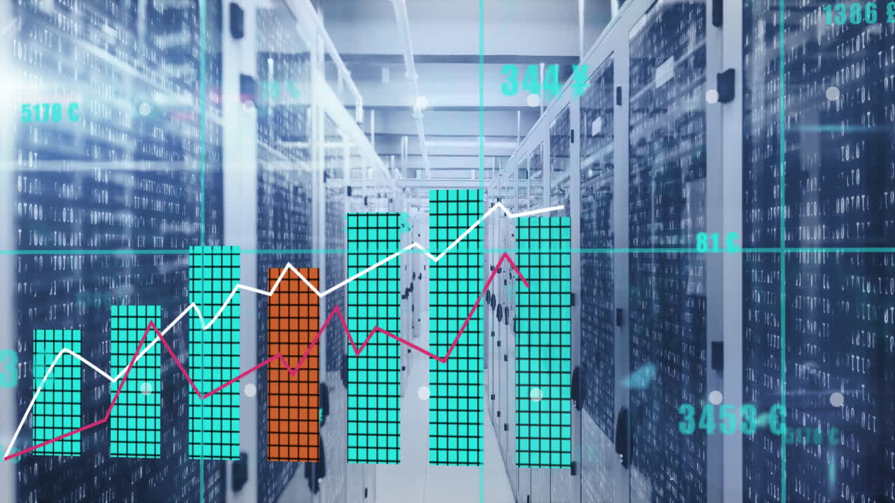 Animation of statistical data processing over grid network against computer server room