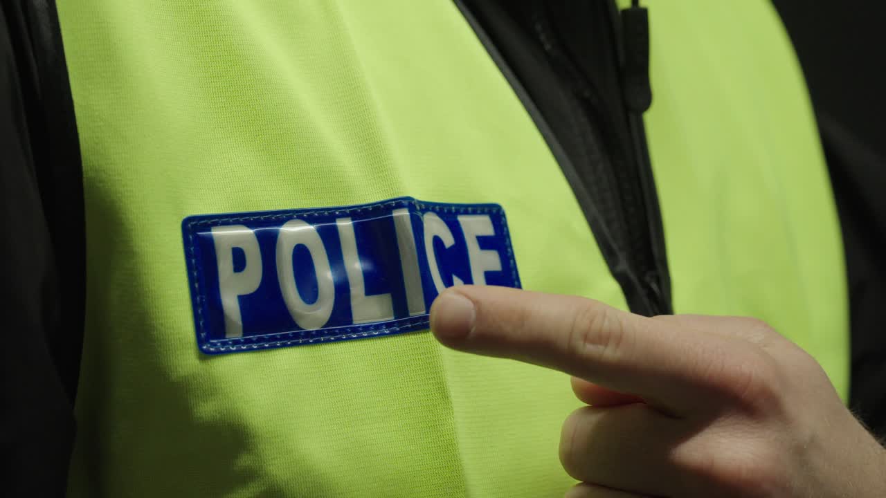 finger pointing at a police badge on a high-visibility vest, symbolizing law enforcement authority, identification, accountability, and official police presence