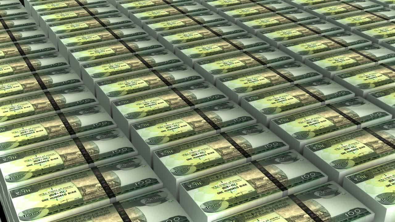 animación 3d de etiopía billetes de dinero de 100 birr apilados sobre un fondo blanco